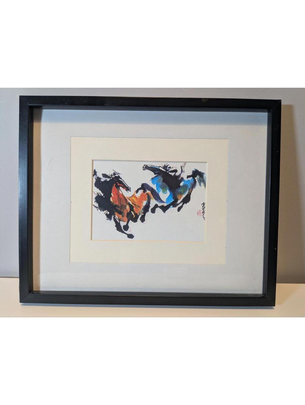 Chinese Ink Painting – Horses Asian Style Art Signed 15x12 Wall Decor Framed
